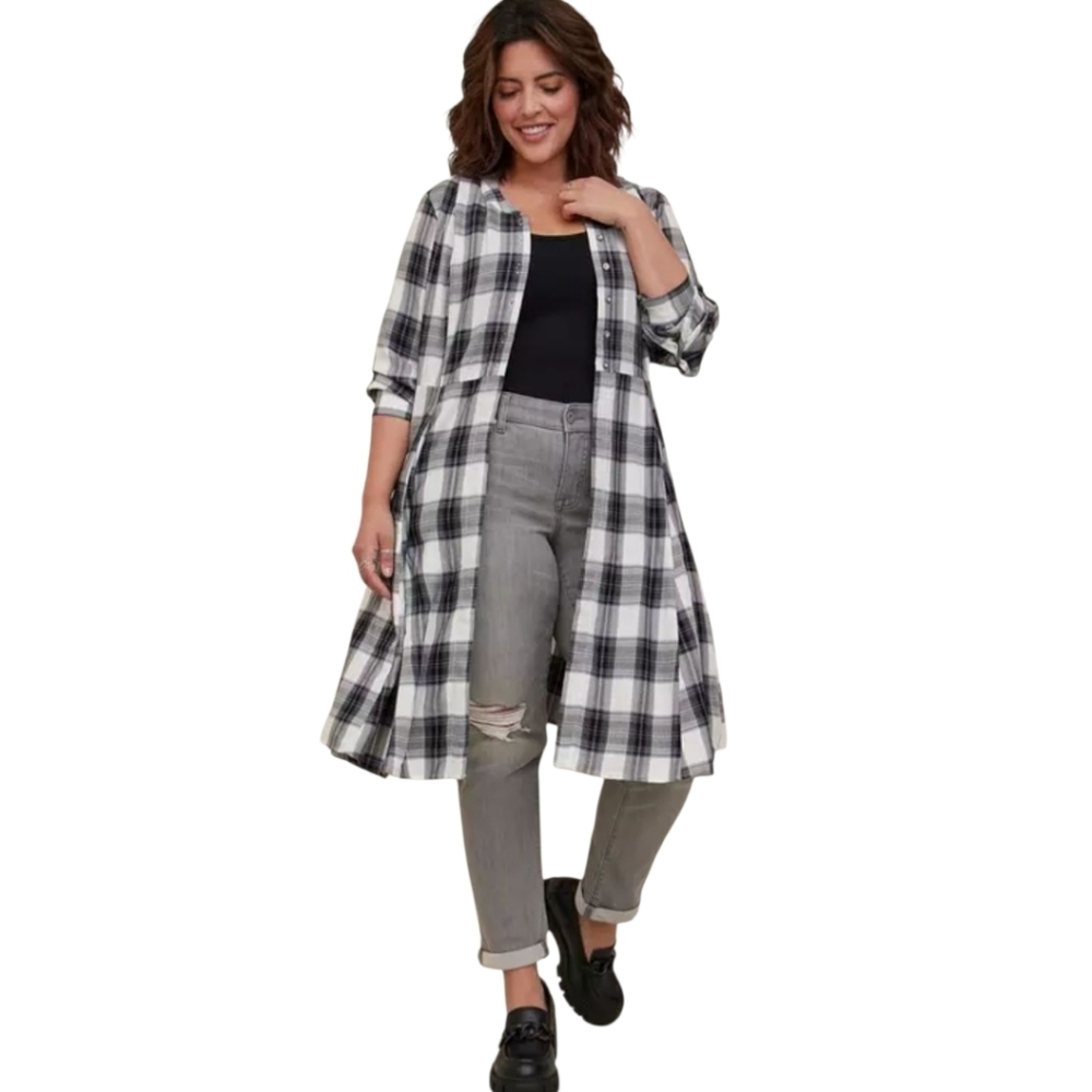 Torrid Black & White Plaid Flannel‎ Kimono Top Size 00